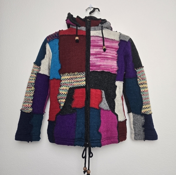 SHOPOHOLIC FASHION Hoodie Jacket Mens Small Knitted Multicoloured Wool Patch - Picture 2 of 16